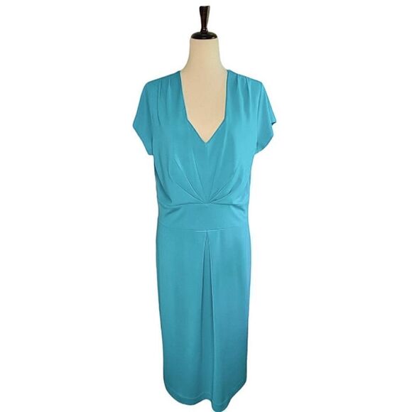 Talbots Turquoise Pleated V-neck Cap Sleeve Dress Size 14 - Picture 1 of 8
